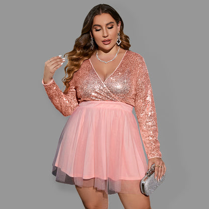 Women's Plus Size V Neck Long Sleeve Sequin And Mesh Minidress - FashionistaDeal