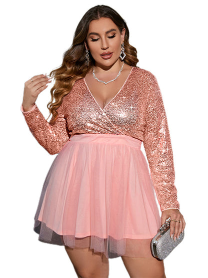 Women's Plus Size V Neck Long Sleeve Sequin And Mesh Minidress - FashionistaDeal