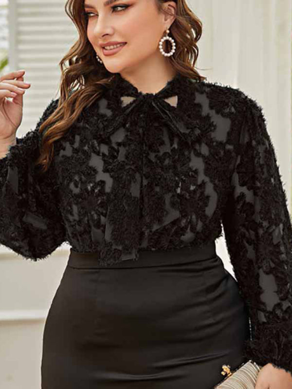 Women's Solid Color Plus Size Lace Trim Tie Neck Long Sleeve Lace Top - FashionistaDeal