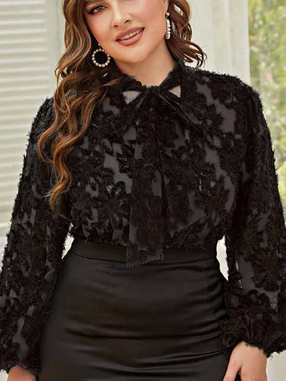 Women's Solid Color Plus Size Lace Trim Tie Neck Long Sleeve Lace Top - FashionistaDeal