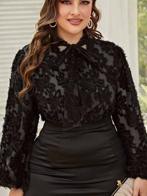 Women's Solid Color Plus Size Lace Trim Tie Neck Long Sleeve Lace Top - FashionistaDeal