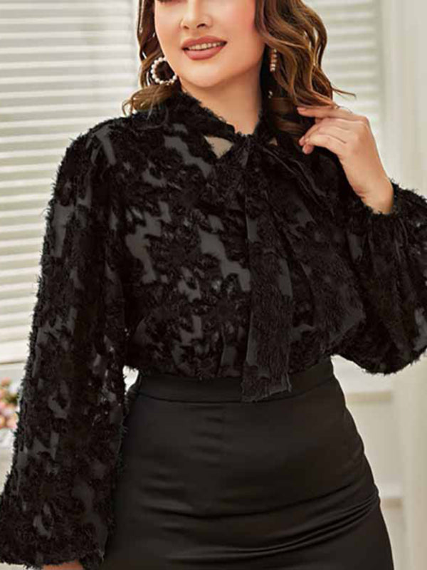 Women's Solid Color Plus Size Lace Trim Tie Neck Long Sleeve Lace Top - FashionistaDeal