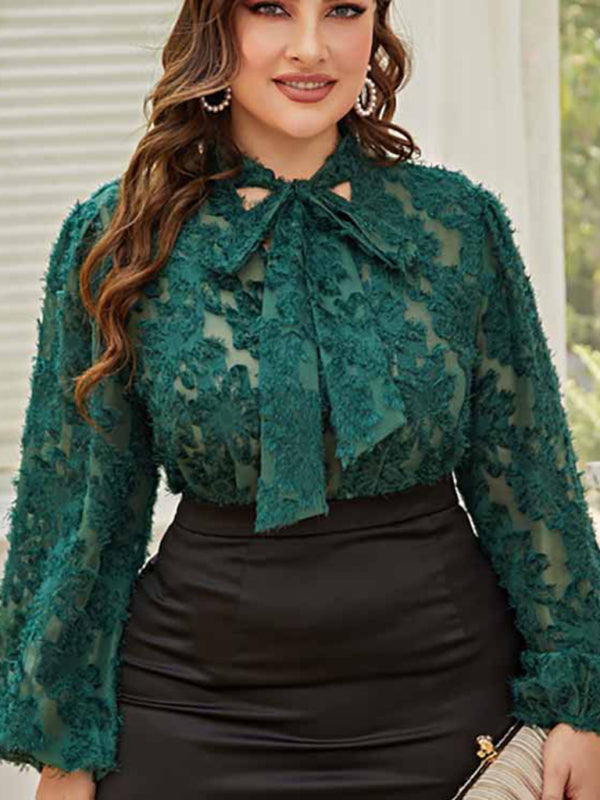 Women's Solid Color Plus Size Lace Trim Tie Neck Long Sleeve Lace Top - FashionistaDeal