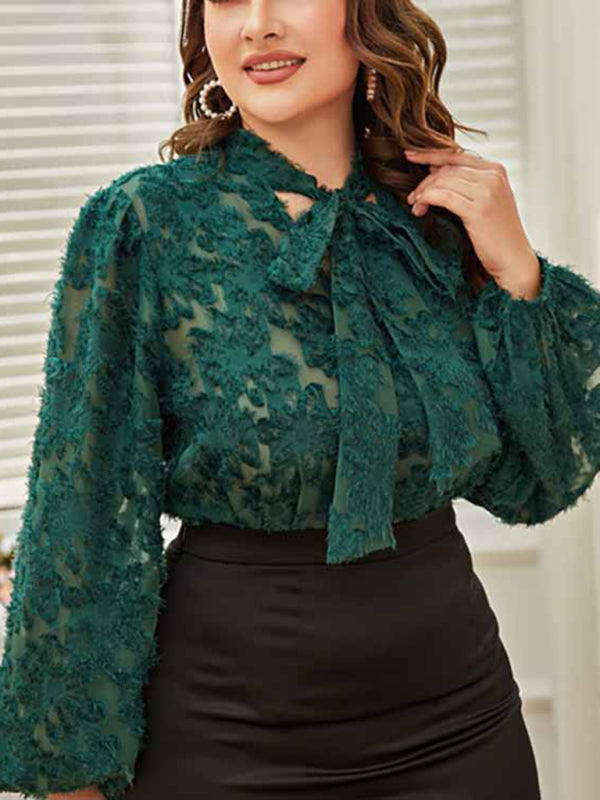 Women's Solid Color Plus Size Lace Trim Tie Neck Long Sleeve Lace Top - FashionistaDeal