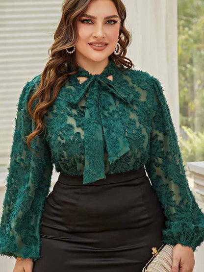 Women's Solid Color Plus Size Lace Trim Tie Neck Long Sleeve Lace Top - FashionistaDeal