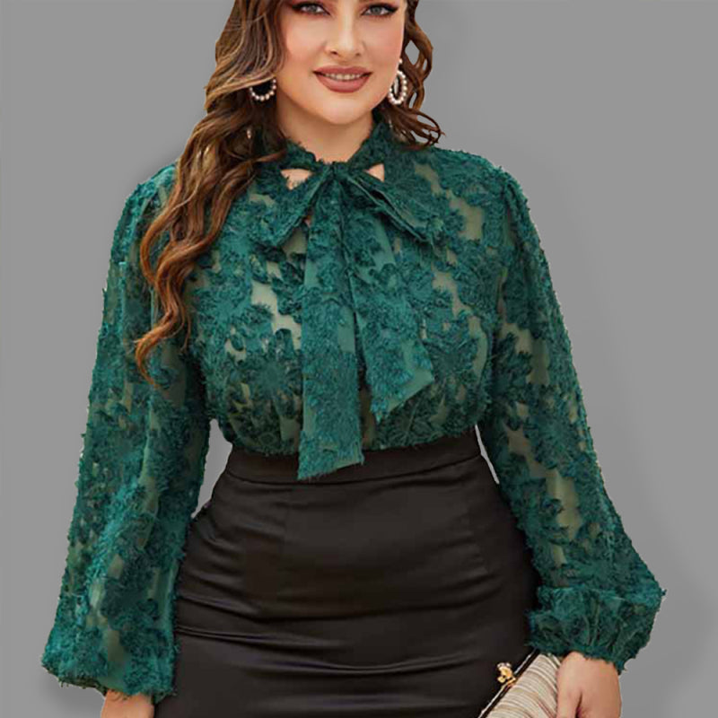 Women's Solid Color Plus Size Lace Trim Tie Neck Long Sleeve Lace Top - FashionistaDeal