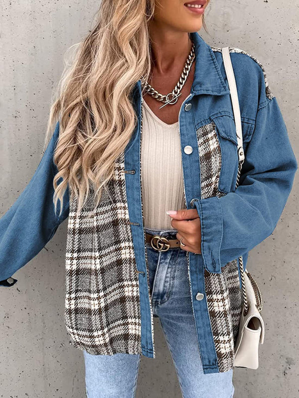 Women's Plaid Patchwork Denim Jacket - FashionistaDeal