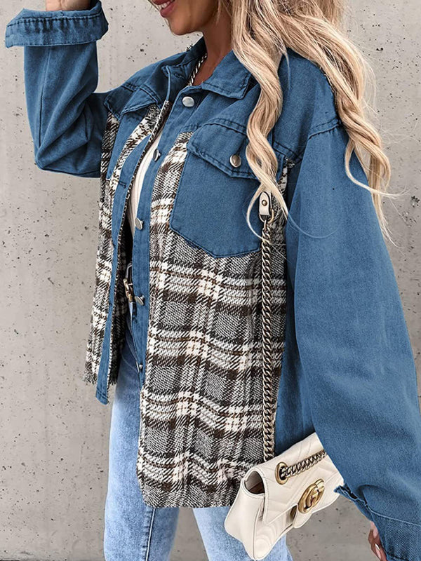 Women's Plaid Patchwork Denim Jacket - FashionistaDeal