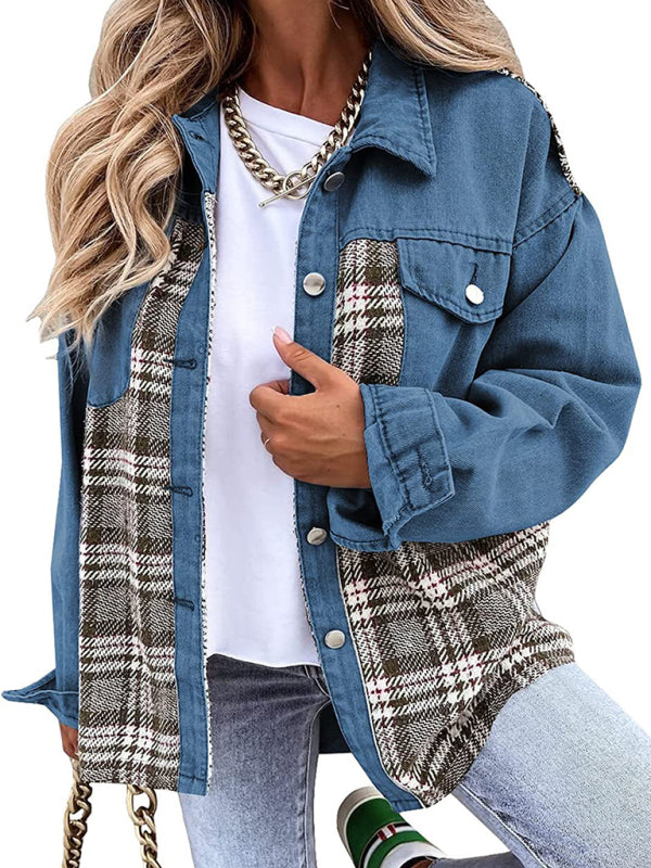 Women's Plaid Patchwork Denim Jacket - FashionistaDeal