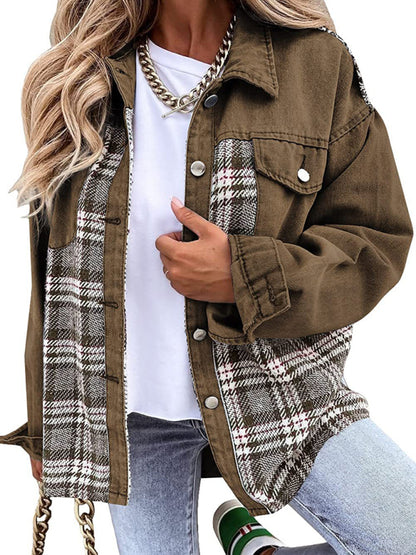 Women's Plaid Patchwork Denim Jacket - FashionistaDeal