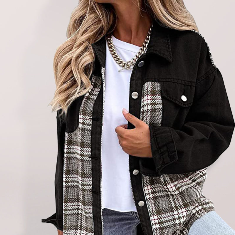 Women's Plaid Patchwork Denim Jacket - FashionistaDeal