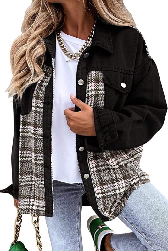 Women's Plaid Patchwork Denim Jacket - FashionistaDeal