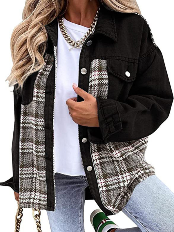 Women's Plaid Patchwork Denim Jacket - FashionistaDeal