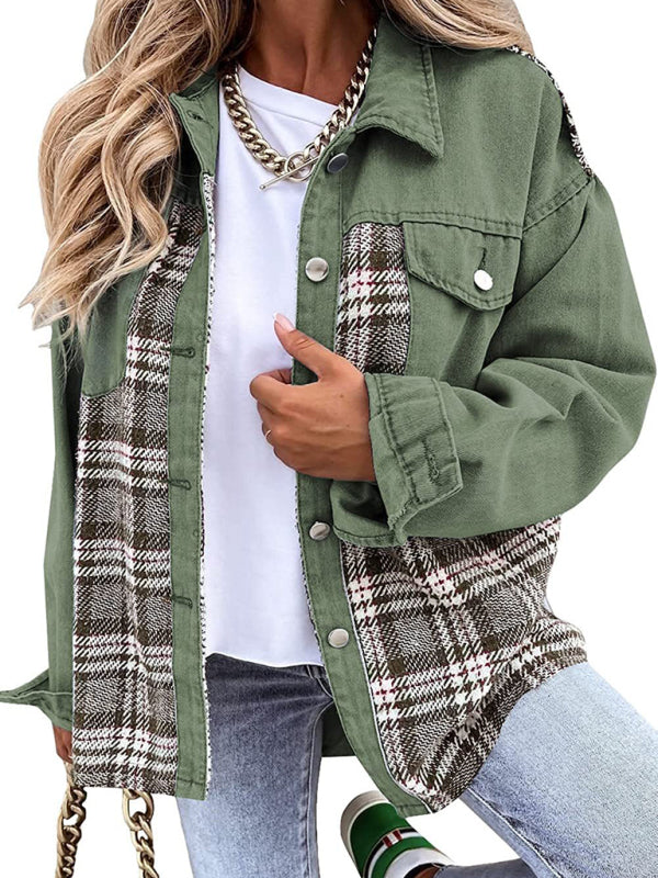 Women's Plaid Patchwork Denim Jacket - FashionistaDeal