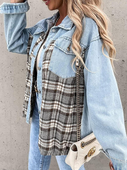 Women's Plaid Patchwork Denim Jacket - FashionistaDeal