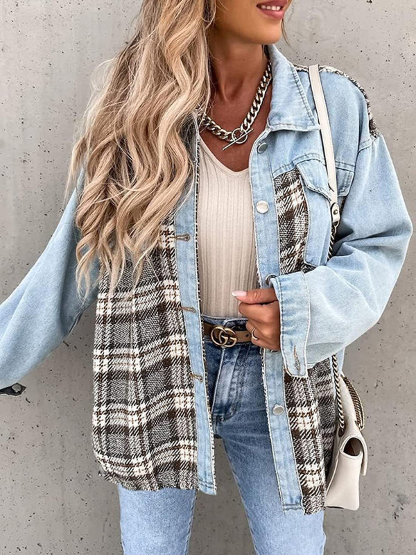 Women's Plaid Patchwork Denim Jacket - FashionistaDeal