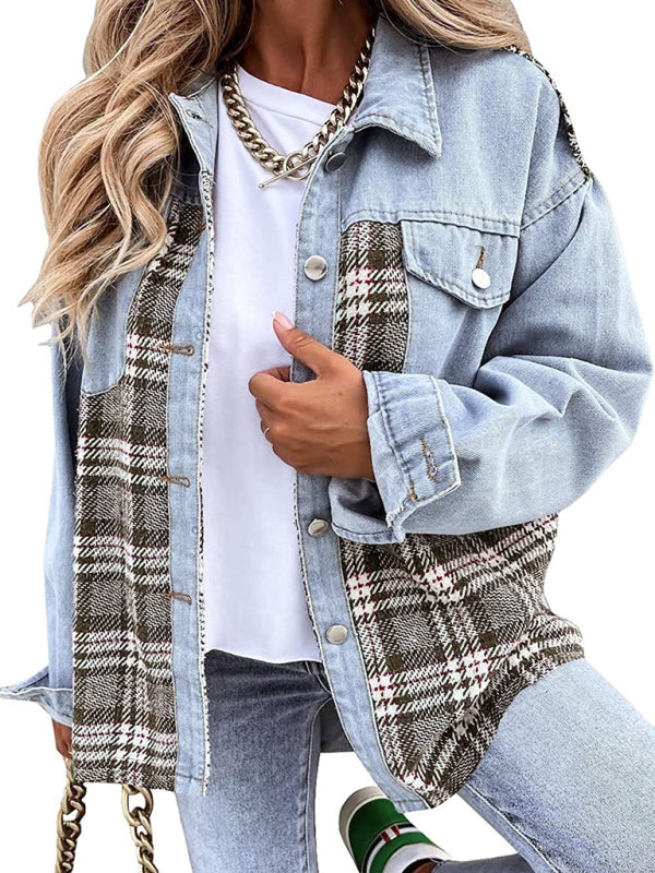 Women's Plaid Patchwork Denim Jacket - FashionistaDeal