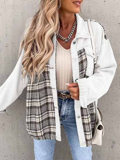 Women's Plaid Patchwork Denim Jacket - FashionistaDeal