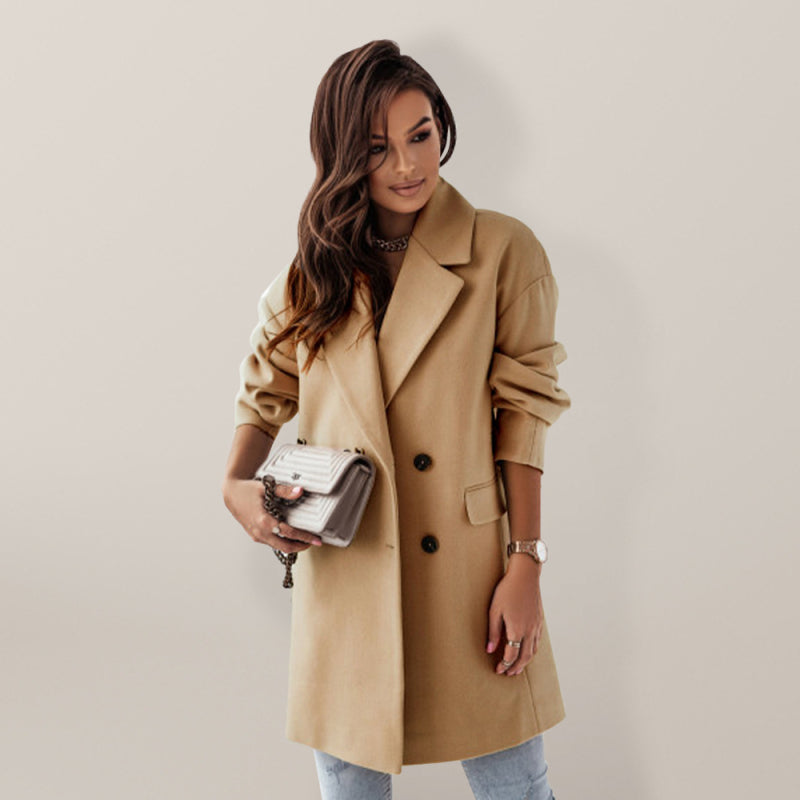 Women's Double-breasted Solid-color Wool Coat - FashionistaDeal