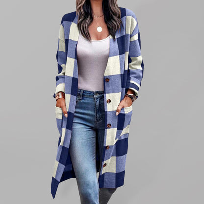 Women's Plaid Print Long Line Drop Shoulder Coat - FashionistaDeal