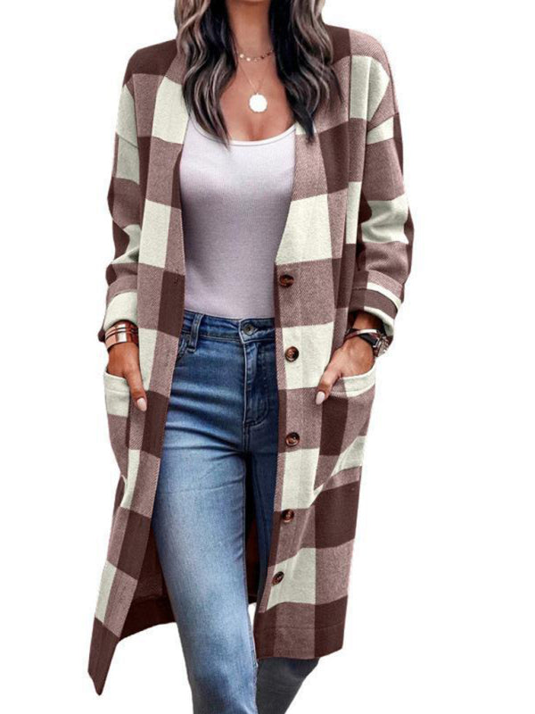 Women's Plaid Print Long Line Drop Shoulder Coat - FashionistaDeal