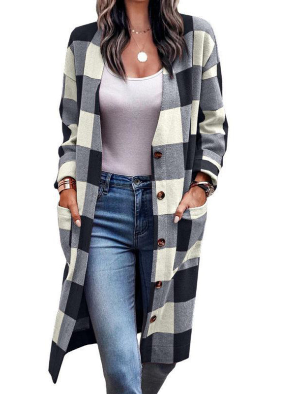 Women's Plaid Print Long Line Drop Shoulder Coat - FashionistaDeal