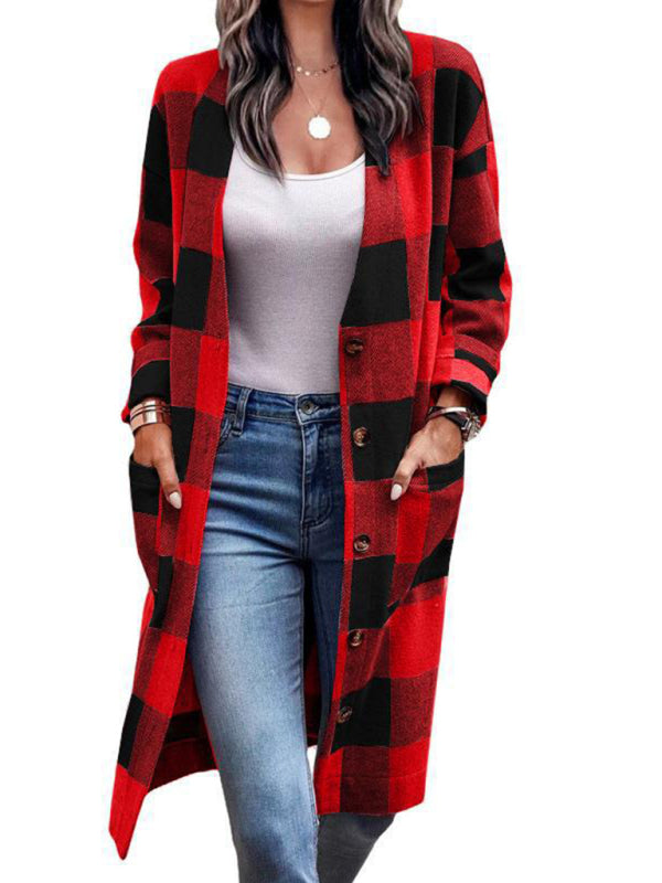 Women's Plaid Print Long Line Drop Shoulder Coat - FashionistaDeal