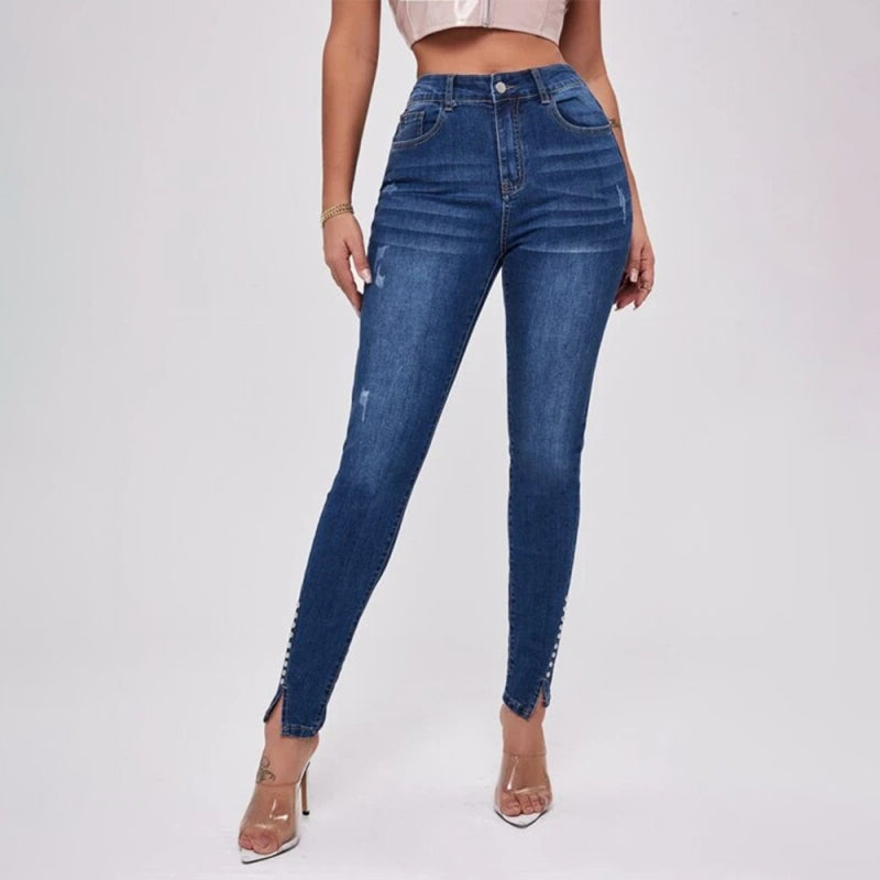 Women's Slit Bead Trim High Waist Jeans - FashionistaDeal