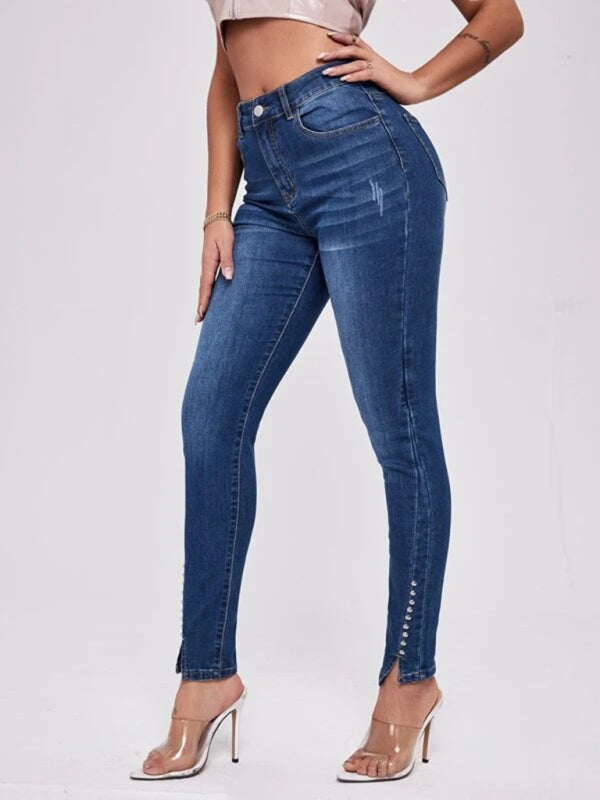 Women's Slit Bead Trim High Waist Jeans - FashionistaDeal