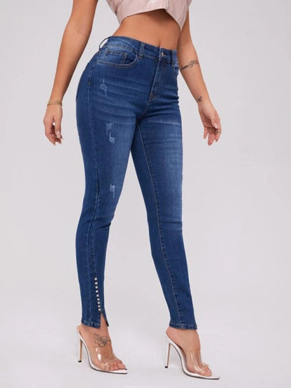 Women's Slit Bead Trim High Waist Jeans - FashionistaDeal