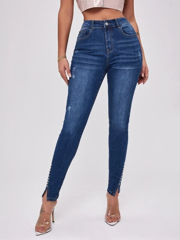 Women's Slit Bead Trim High Waist Jeans - FashionistaDeal