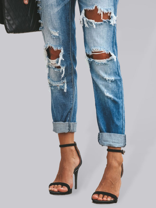 New casual washed ripped straight leg street style jeans - FashionistaDeal