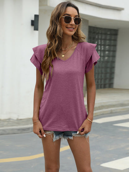 Summer new solid color V-neck double layer ruffled sleeve loose top t-shirt - FashionistaDeal