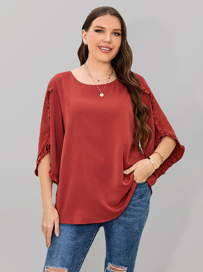 Plus Size Ladies Shirt Red Half Sleeve Loose Top - FashionistaDeal