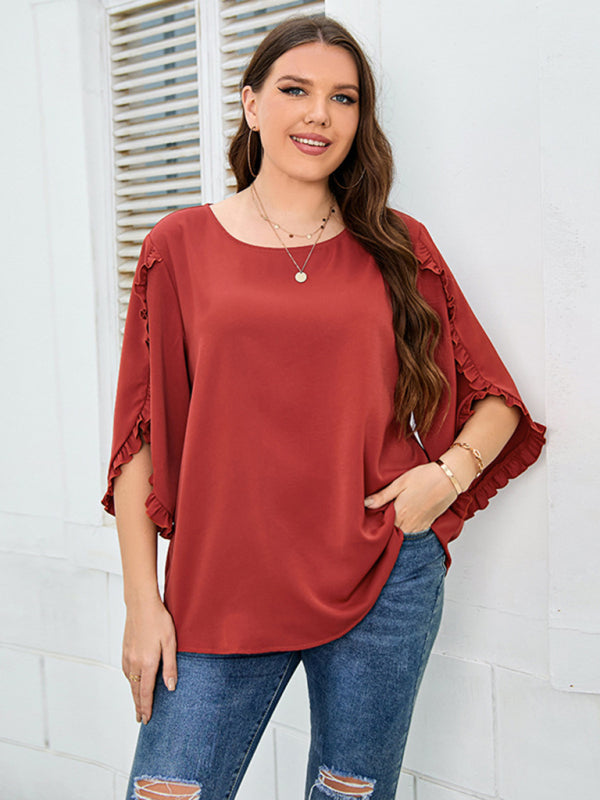 Plus Size Ladies Shirt Red Half Sleeve Loose Top - FashionistaDeal