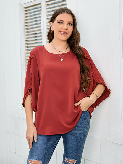 Plus Size Ladies Shirt Red Half Sleeve Loose Top - FashionistaDeal