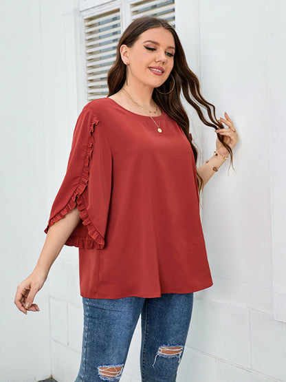 Plus Size Ladies Shirt Red Half Sleeve Loose Top - FashionistaDeal