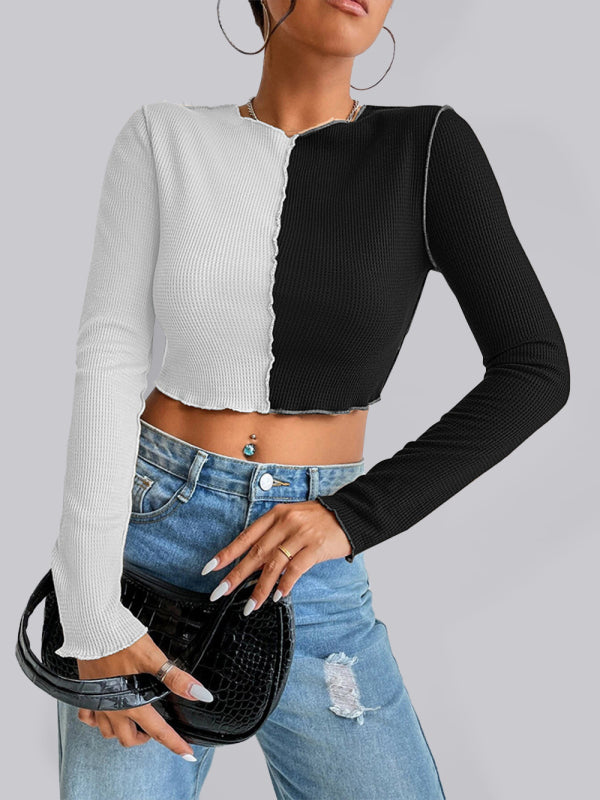 Women's Casual Colorblock Waffle Shorts Long Sleeve T-Shirt - FashionistaDeal