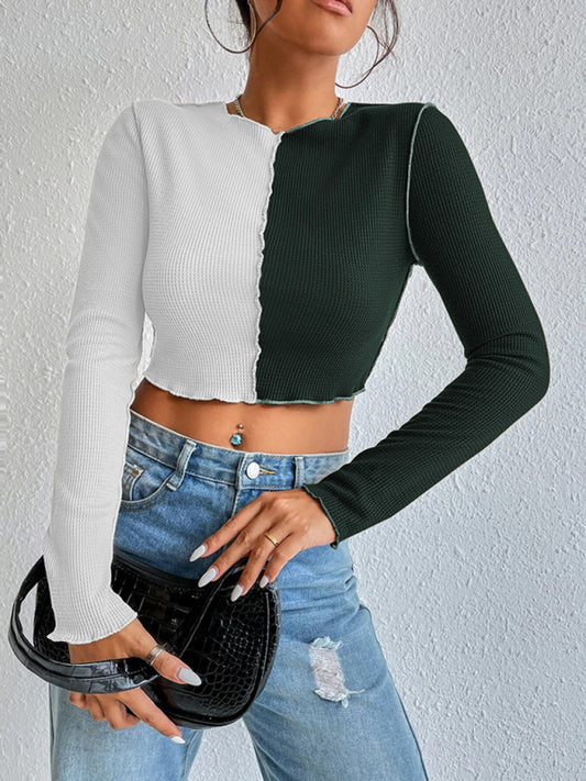 Women's Casual Colorblock Waffle Shorts Long Sleeve T-Shirt - FashionistaDeal