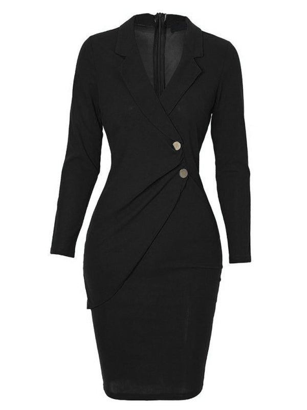 Women's Solid Color Double Breast Gold Hardware Button Suit Dress - FashionistaDeal