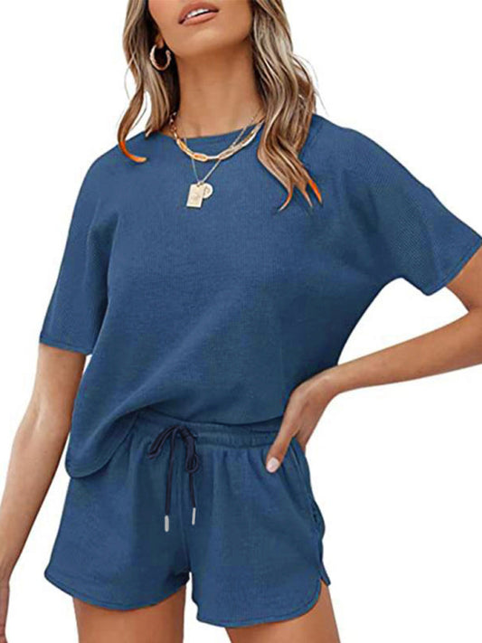 Women's Short Sleeve Loungewear Solid Color Casual Waffle Two-Piece Set - FashionistaDeal