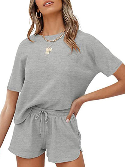 Women's Short Sleeve Loungewear Solid Color Casual Waffle Two-Piece Set - FashionistaDeal