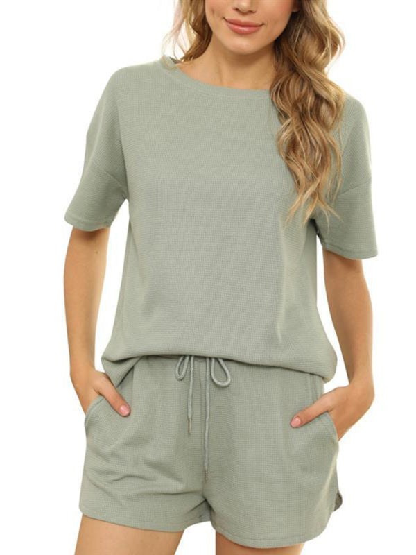 Women's Short Sleeve Loungewear Solid Color Casual Waffle Two-Piece Set - FashionistaDeal