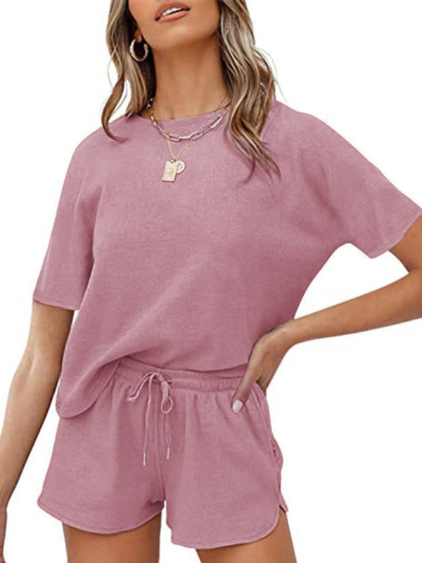 Women's Short Sleeve Loungewear Solid Color Casual Waffle Two-Piece Set - FashionistaDeal