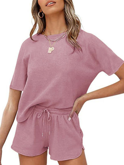 Women's Short Sleeve Loungewear Solid Color Casual Waffle Two-Piece Set - FashionistaDeal