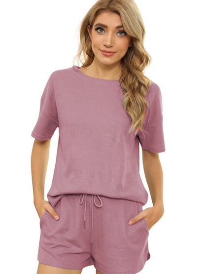 Women's Short Sleeve Loungewear Solid Color Casual Waffle Two-Piece Set - FashionistaDeal