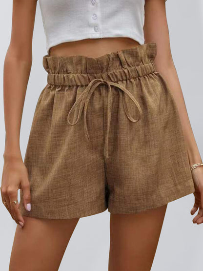 Women's Solid Color Textured Ruffled Drawstring Pull-on Shorts - FashionistaDeal