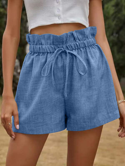 Women's Solid Color Textured Ruffled Drawstring Pull-on Shorts - FashionistaDeal