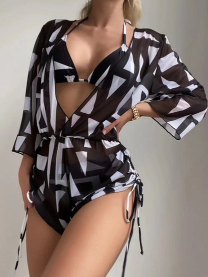 Women's Tropical Print Bikini Deep V-neck Long Sleeve Three Pieces Set - FashionistaDeal