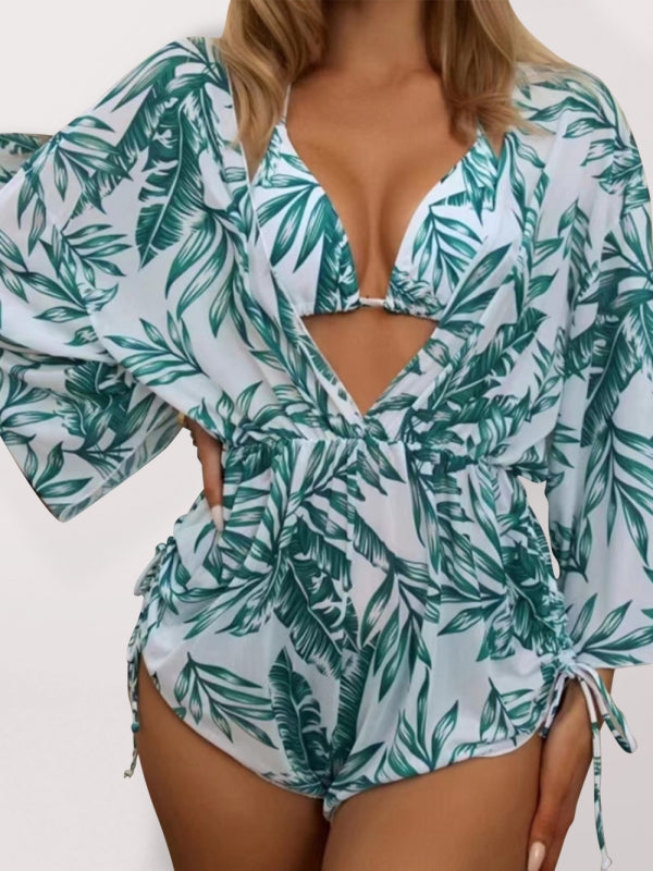 Women's Tropical Print Bikini Deep V-neck Long Sleeve Three Pieces Set - FashionistaDeal